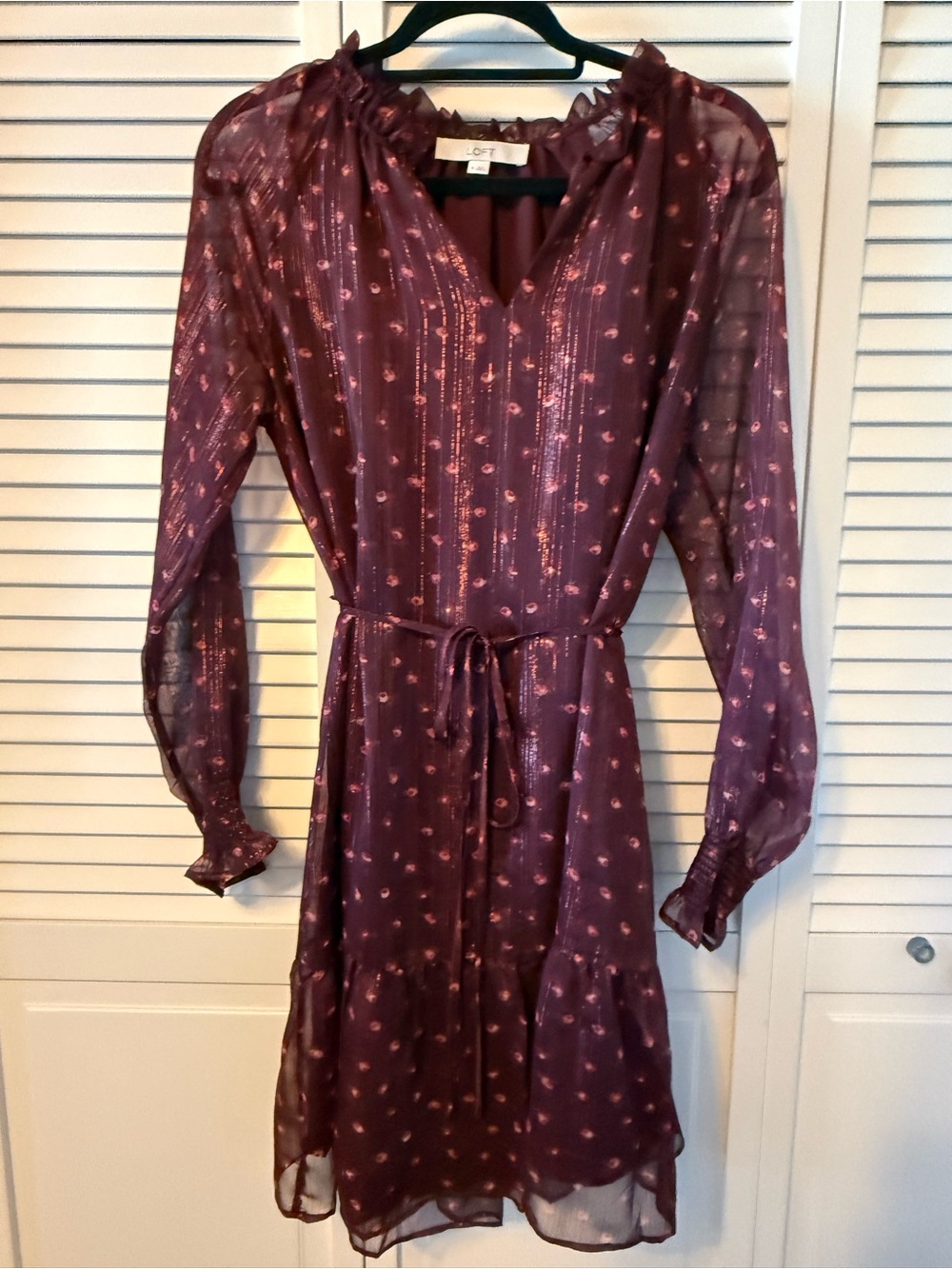 LOFT Plum Metallic Dot Long-Sleeve Dress